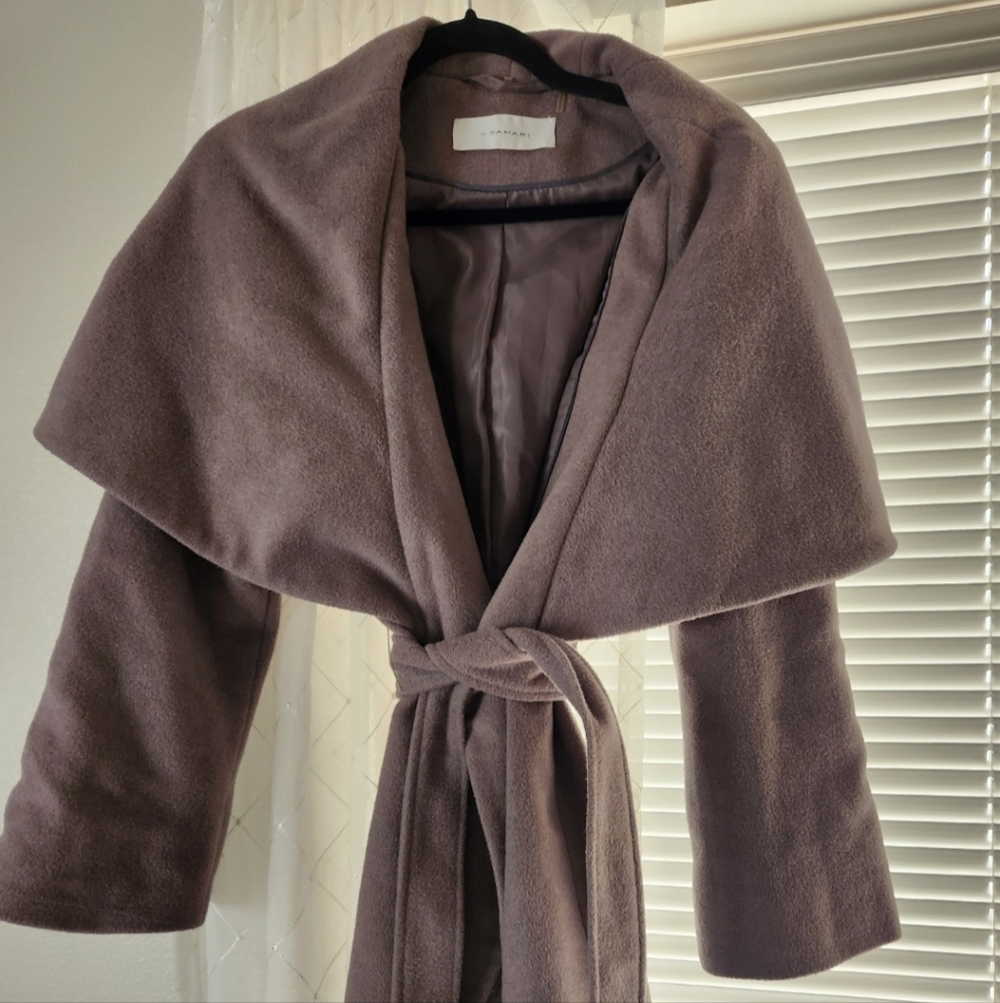 T Tahari Taupe Wool-Blend Wrap Coat – Shawl Collar, Belted (Medium)